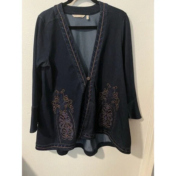 Soft Surroundings Stretch Denim Embroidery Tunic Jacket Sz PM Boho Button Front - Picture 1 of 11